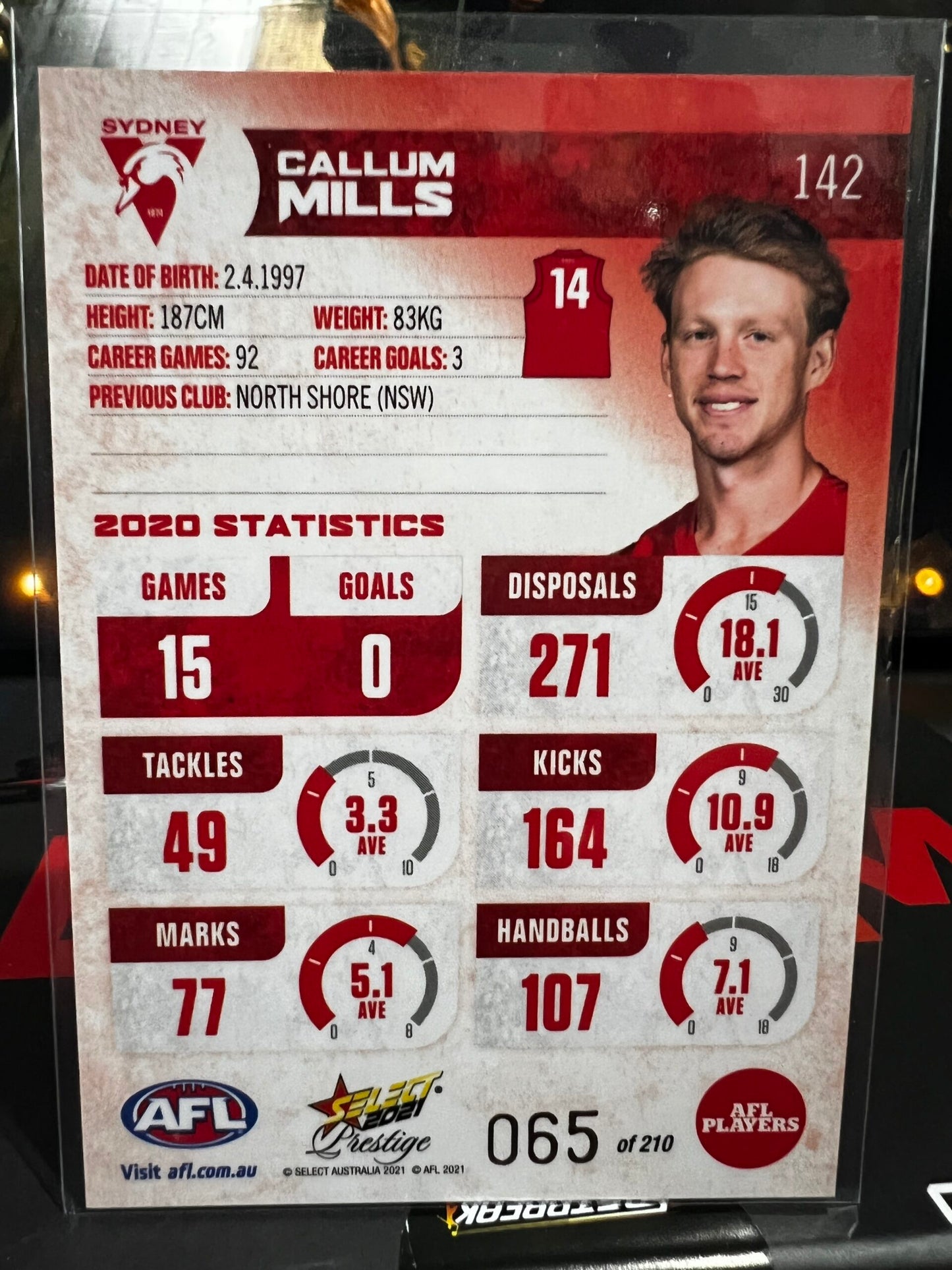 Callum Mills - Sydney - 2021 - Footy Stars Prestige - Red Parallel - 65/210