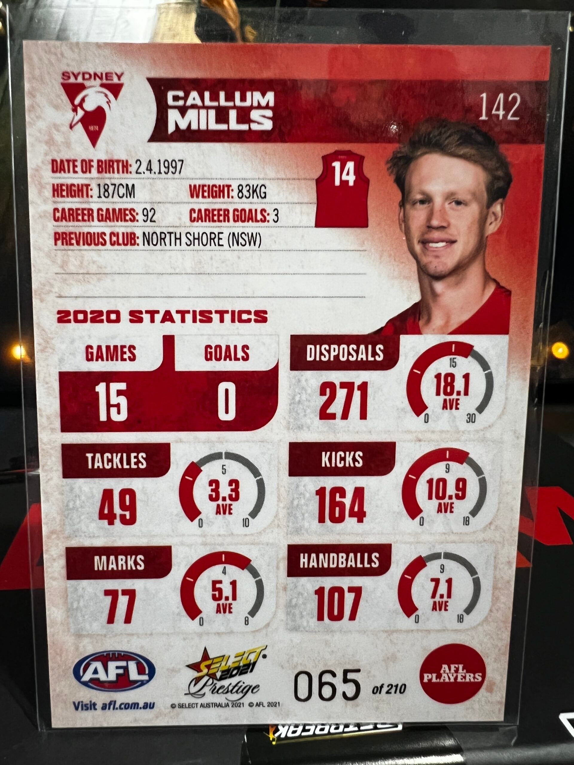 Callum Mills - Sydney - 2021 - Footy Stars Prestige - Red Parallel - 65/210
