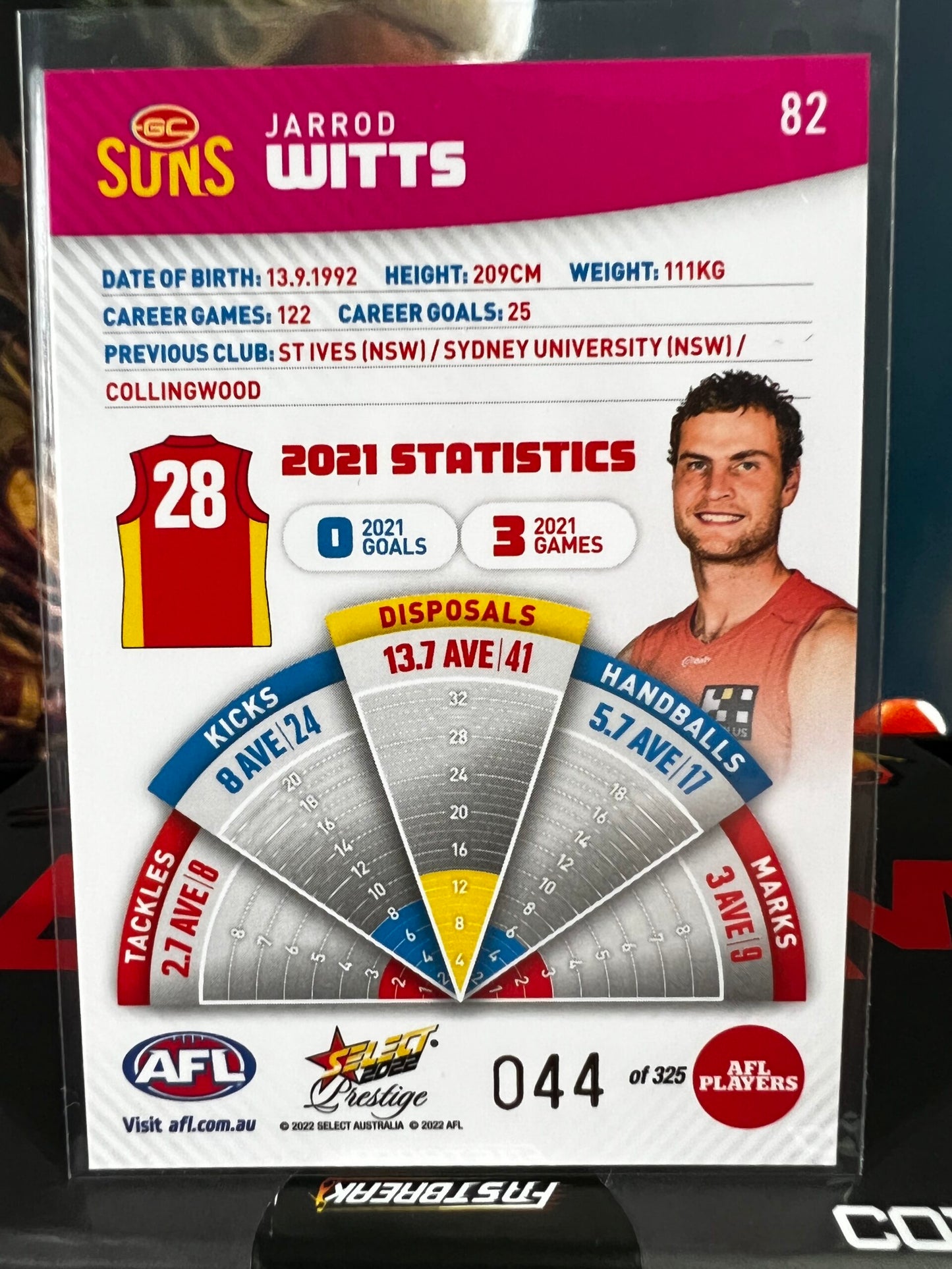 Jarrod Witts - Gold Coast - 2022 - Footy Stars Prestige - Pink Parallel - 44/325
