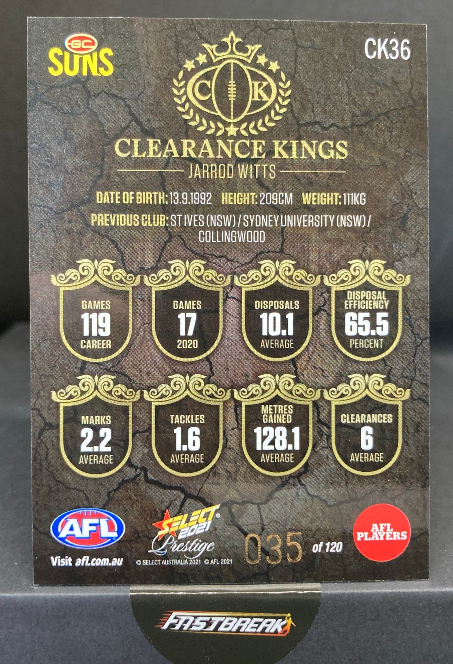 Jarrod Witts - Gold Coast - 2021 - FS Prestige - Clearance King - 35/120