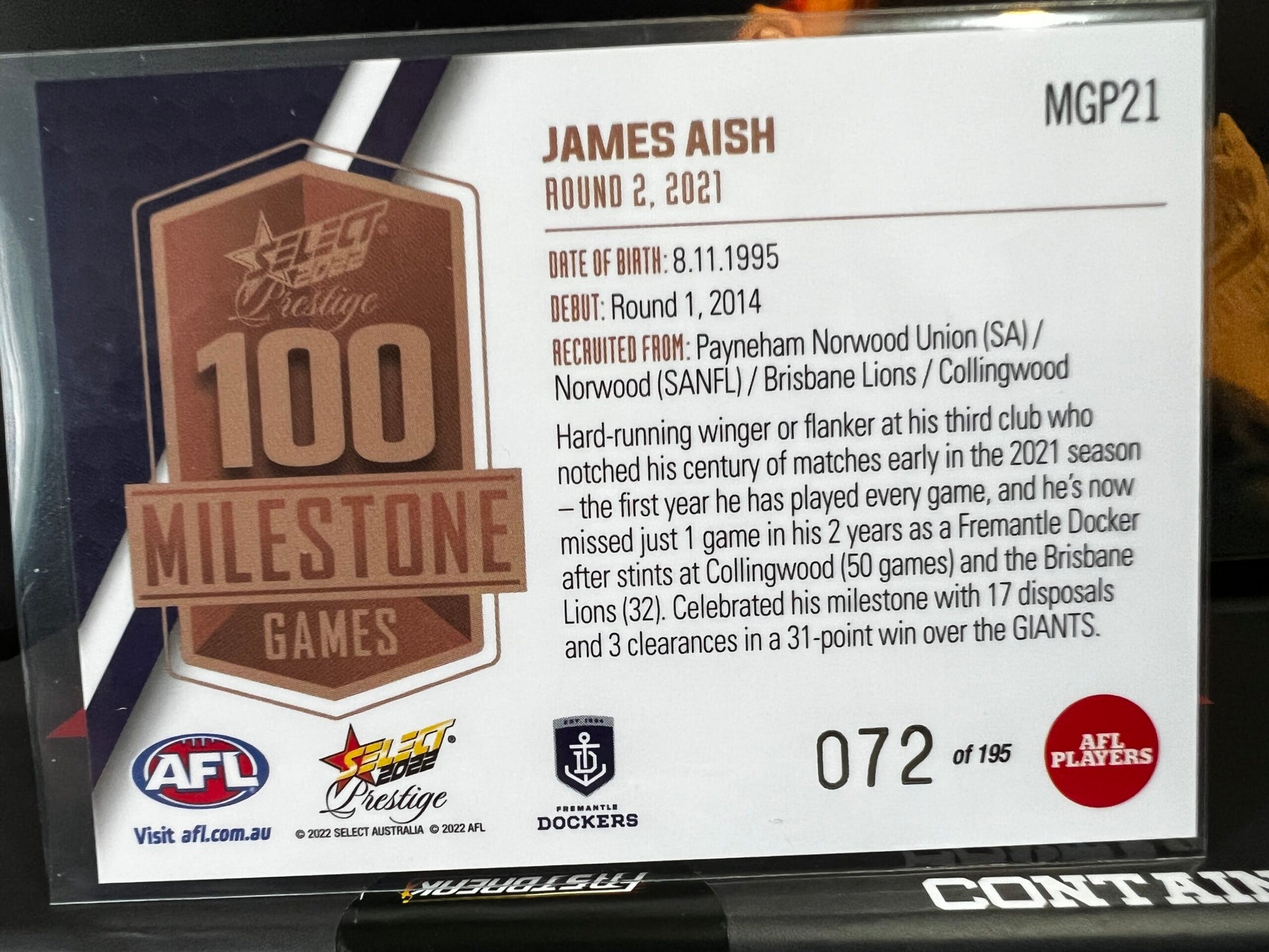 James Aish - Fremantle - 2022 - Footy Stars Prestige - Milestone Games - 72/195