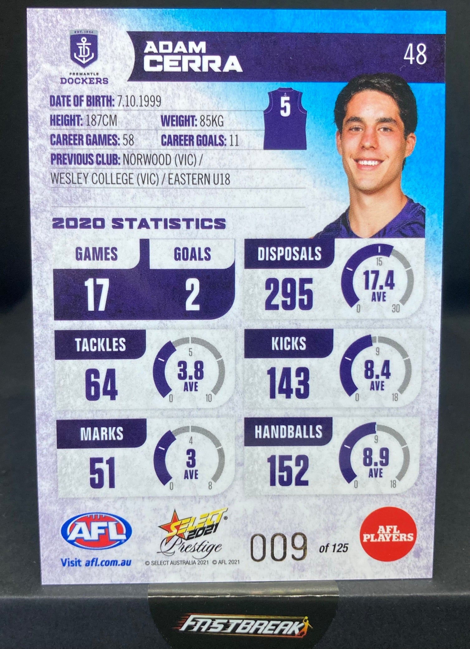 Adam Cerra - Fremantle - 2021 - FS Prestige - Blue Paralell - 09/125
