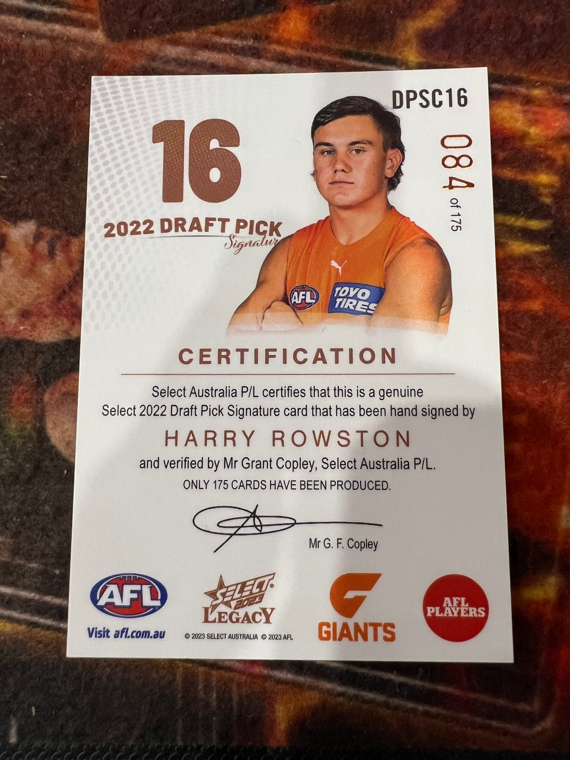 Harry Rowston - GWS - 2023 - Legacy - Draft Pick Signature Copper - 84/175