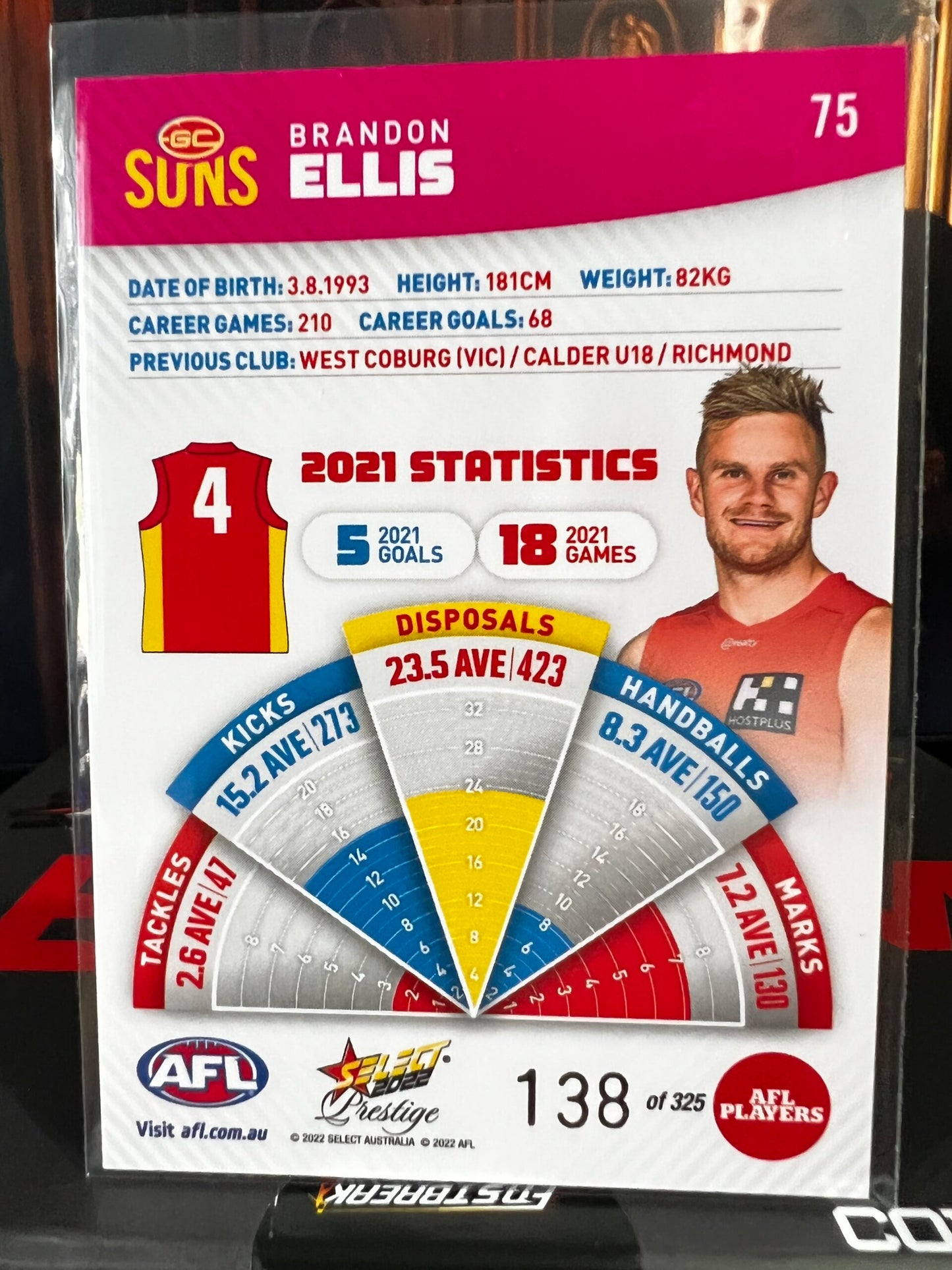 Brandon Ellis Gold Coast 2022 Footy Stars Prestige Pink Parallel 138/325