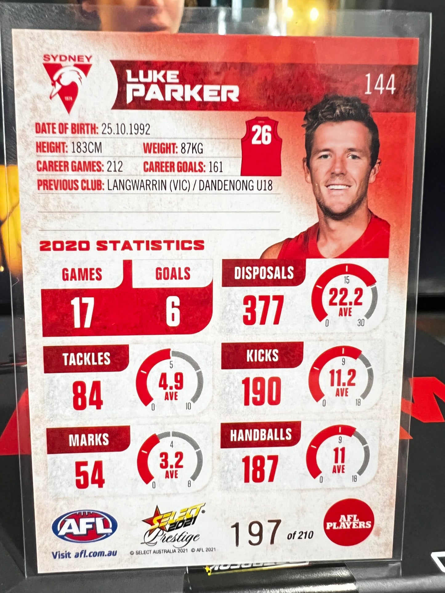 Luke Parker - Sydney - 2021 - Footy Stars Prestige - Red Parallel - 197/210