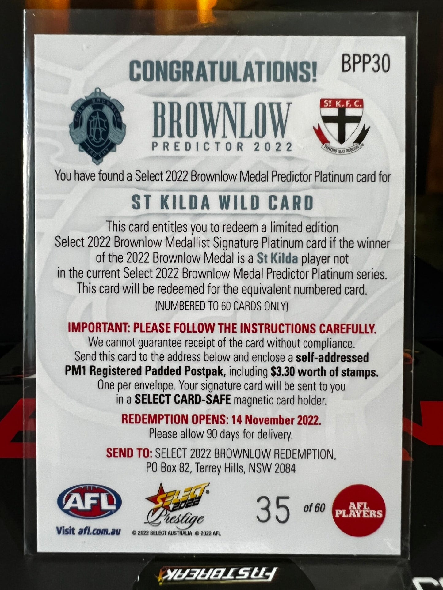 Wild Card St Kilda 2022 Footy Stars Prestige Platinum Brownlow Predictor 35/60