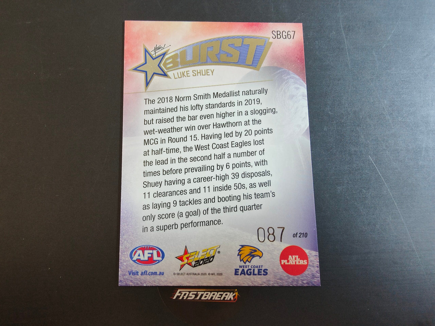 Luke Shuey - West Coast - 2020 - Footy Stars - Galactic Starburst - 87/210