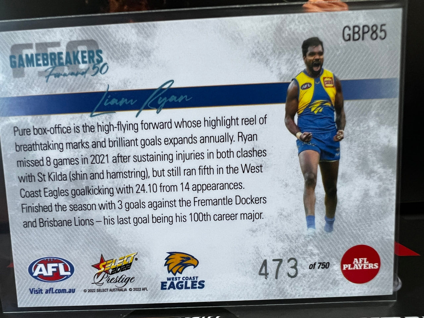 Liam Ryan - West Coast - 2022 - Footy Stars Prestige - Gamebreakers - 473/750