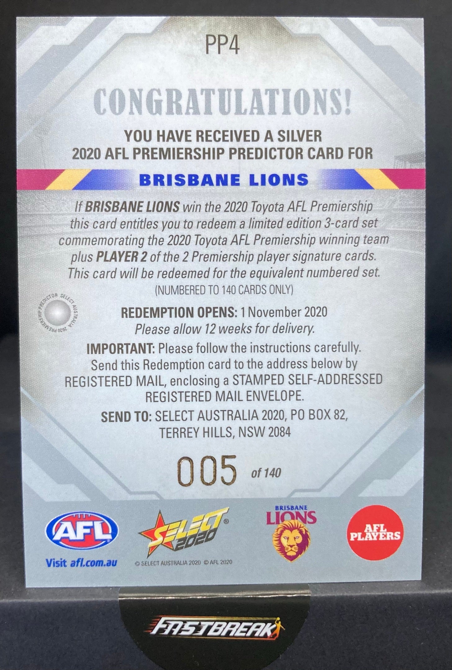 Brisbane - Brisbane - 2020 - Footy Stars - Premiership Predictor - 05/140