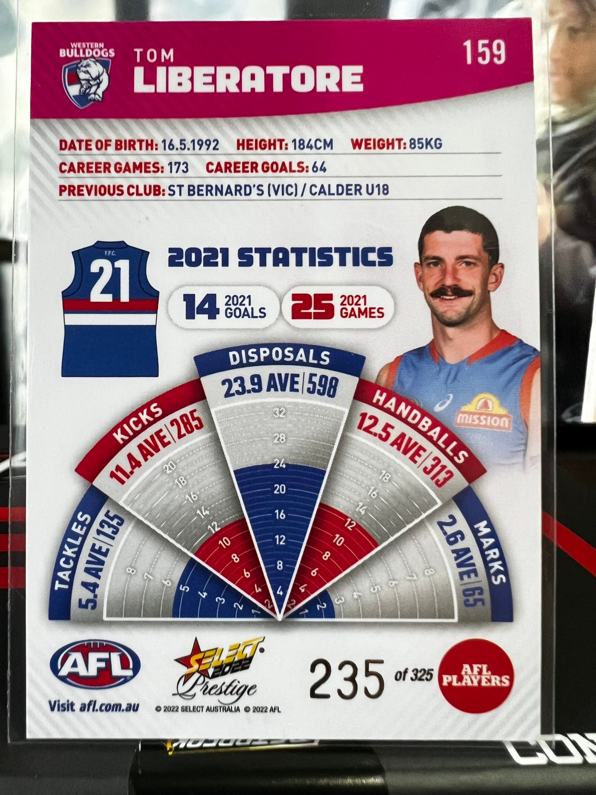 Tom Liberatore Western Bulldogs 2022 Footy Stars Prestige Pink Parallel 235/325