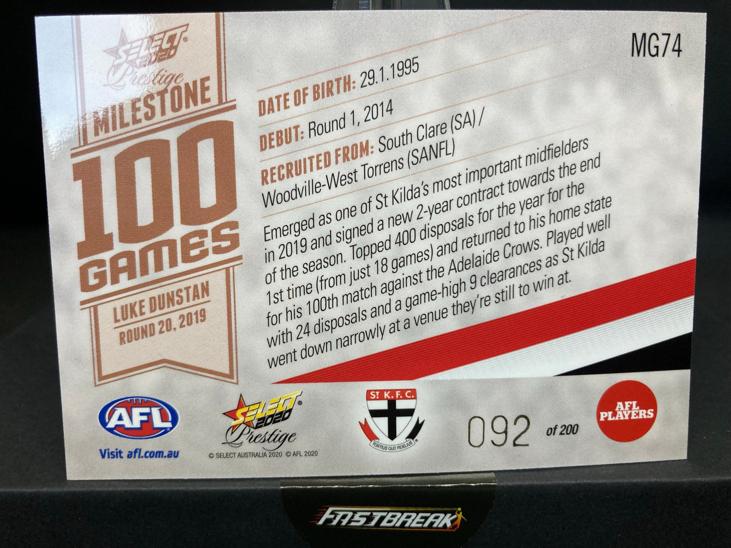 Luke Dunstan - St Kilda - 2020 - FS Prestige - Milestone Games - 92/200