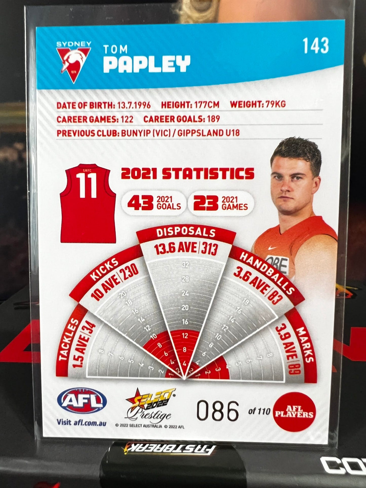 Tom Papley - Sydney - 2022 - Footy Stars Prestige - Blue Parallel - 86/110