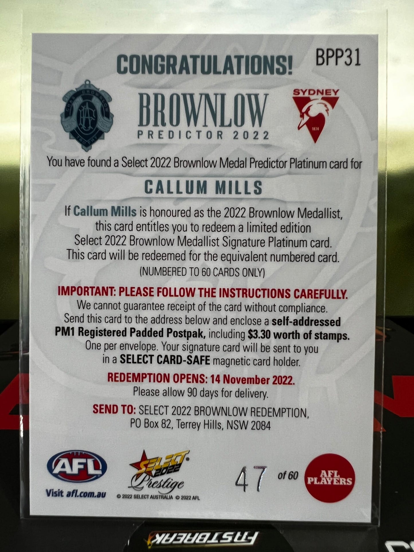Callum Mills Sydney 2022 Footy Stars Prestige Platinum Brownlow Predictor 47/60