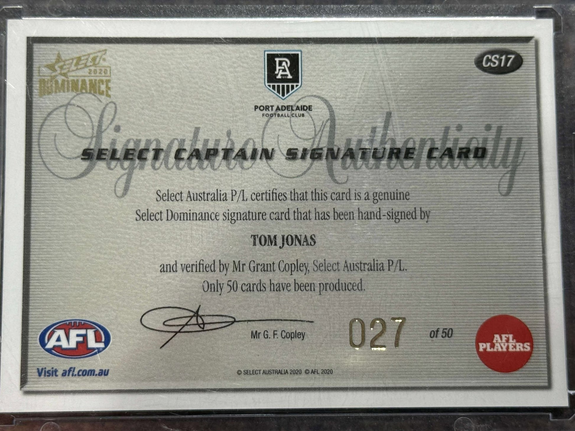 Tom Jonas Port Adelaide 2020 Dominance Captain Signature 27/50