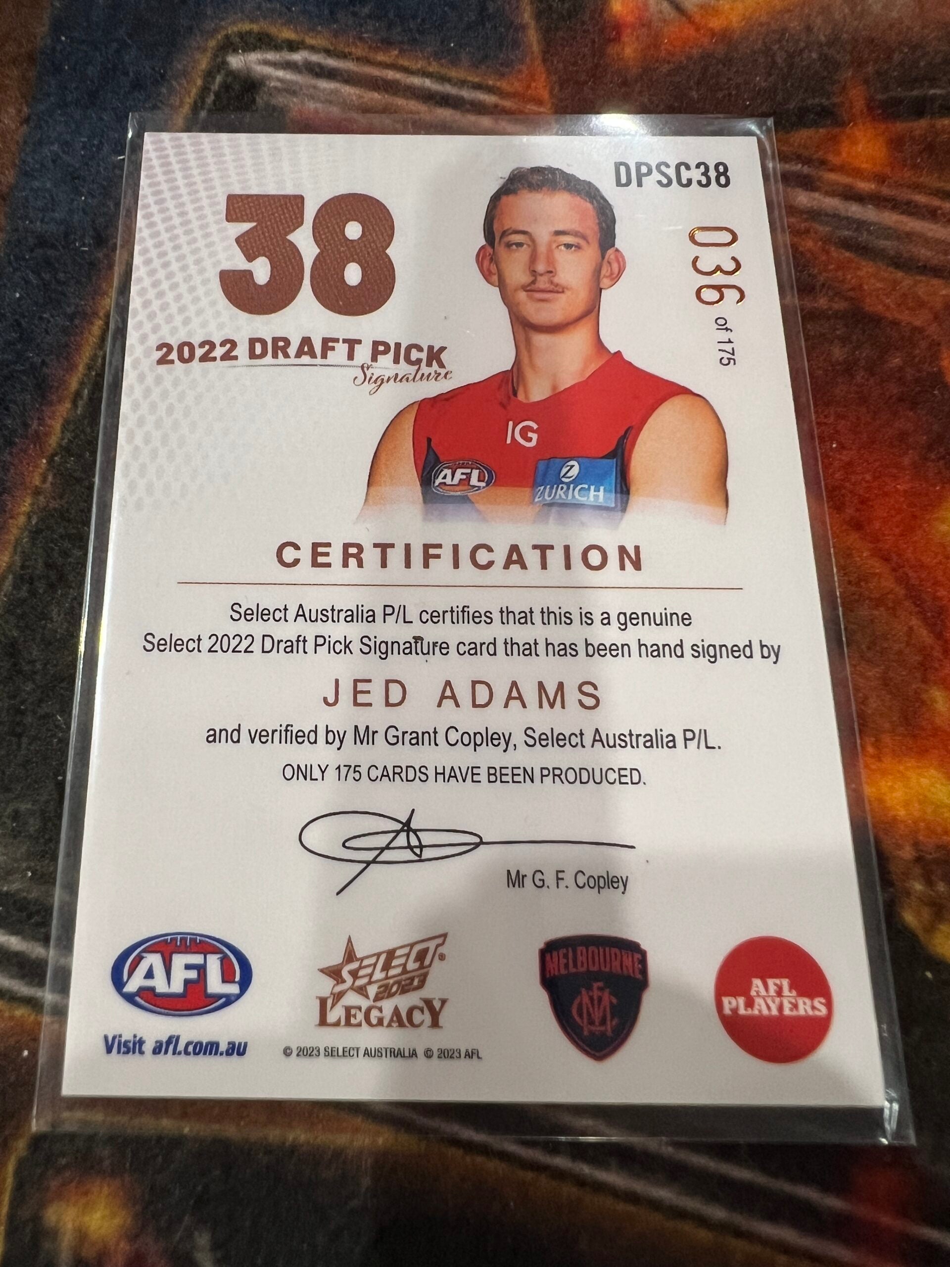 Jed Adams - Melbourne  - 2023 - Legacy - Draft Pick Signature Copper - 36/175
