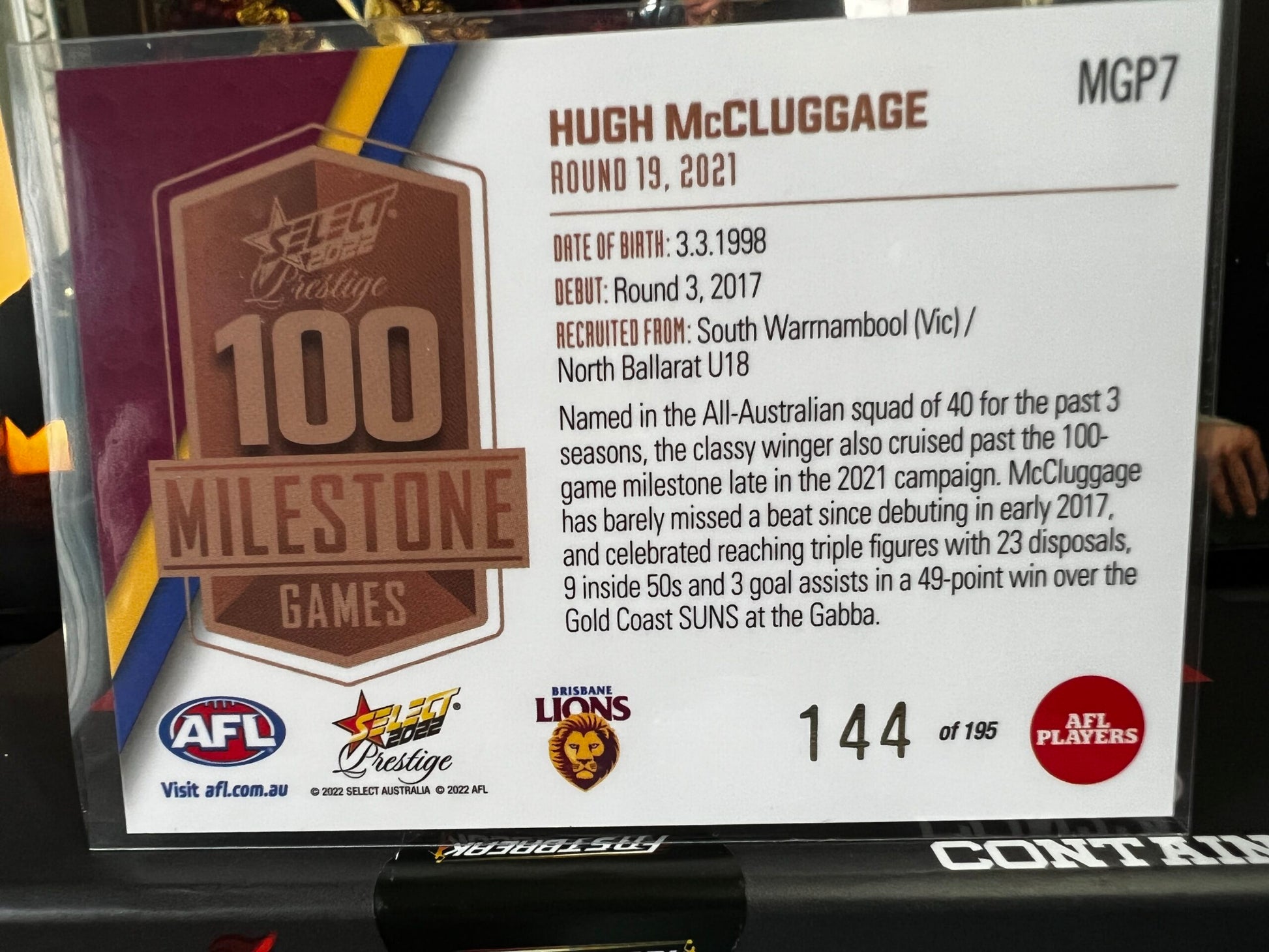 Hugh McCluggage Brisbane 2022 Footy Stars Prestige Milestone Games 144/195