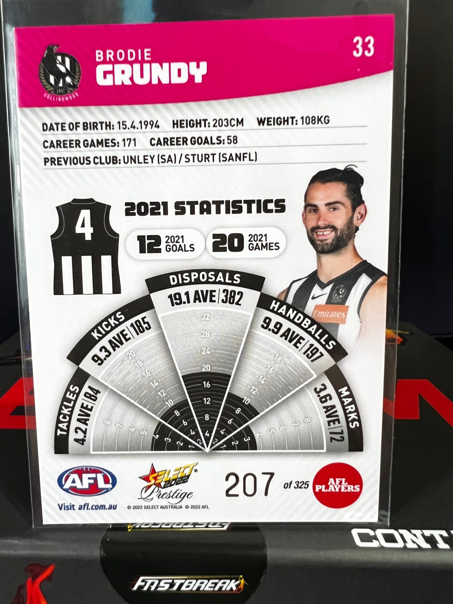 Brodie Grundy Collingwood 2022 Footy Stars Prestige Pink Parallel 207/325