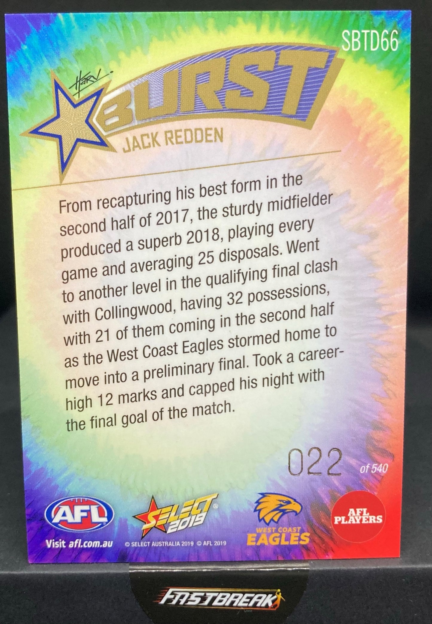 Jack Redden - West Coast - 2019 - Footy Stars - Star Burst Tye Dye - 22/540