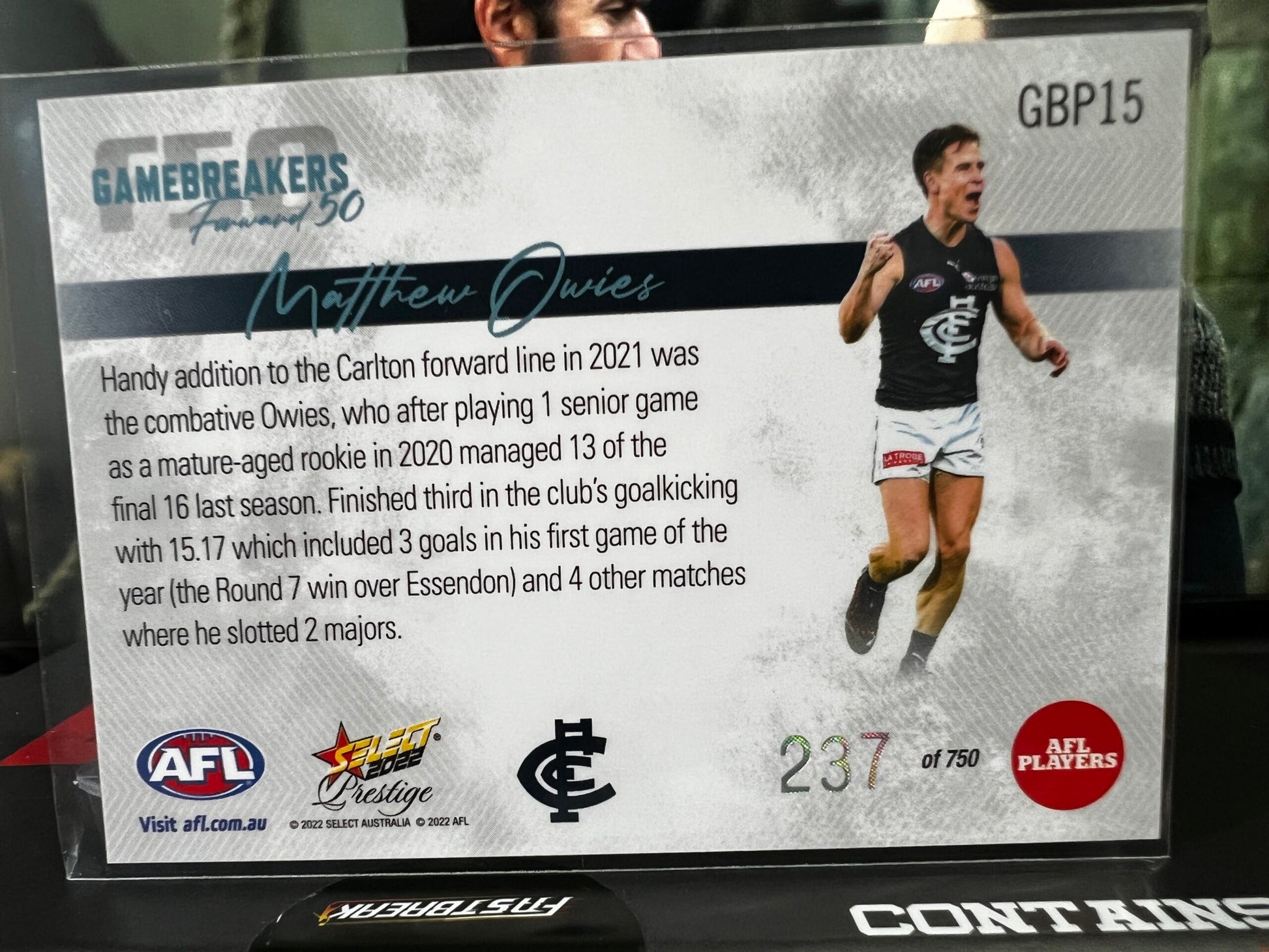 Matthew Owies - Carlton - 2022 - Footy Stars Prestige - Gamebreakers - 237/750