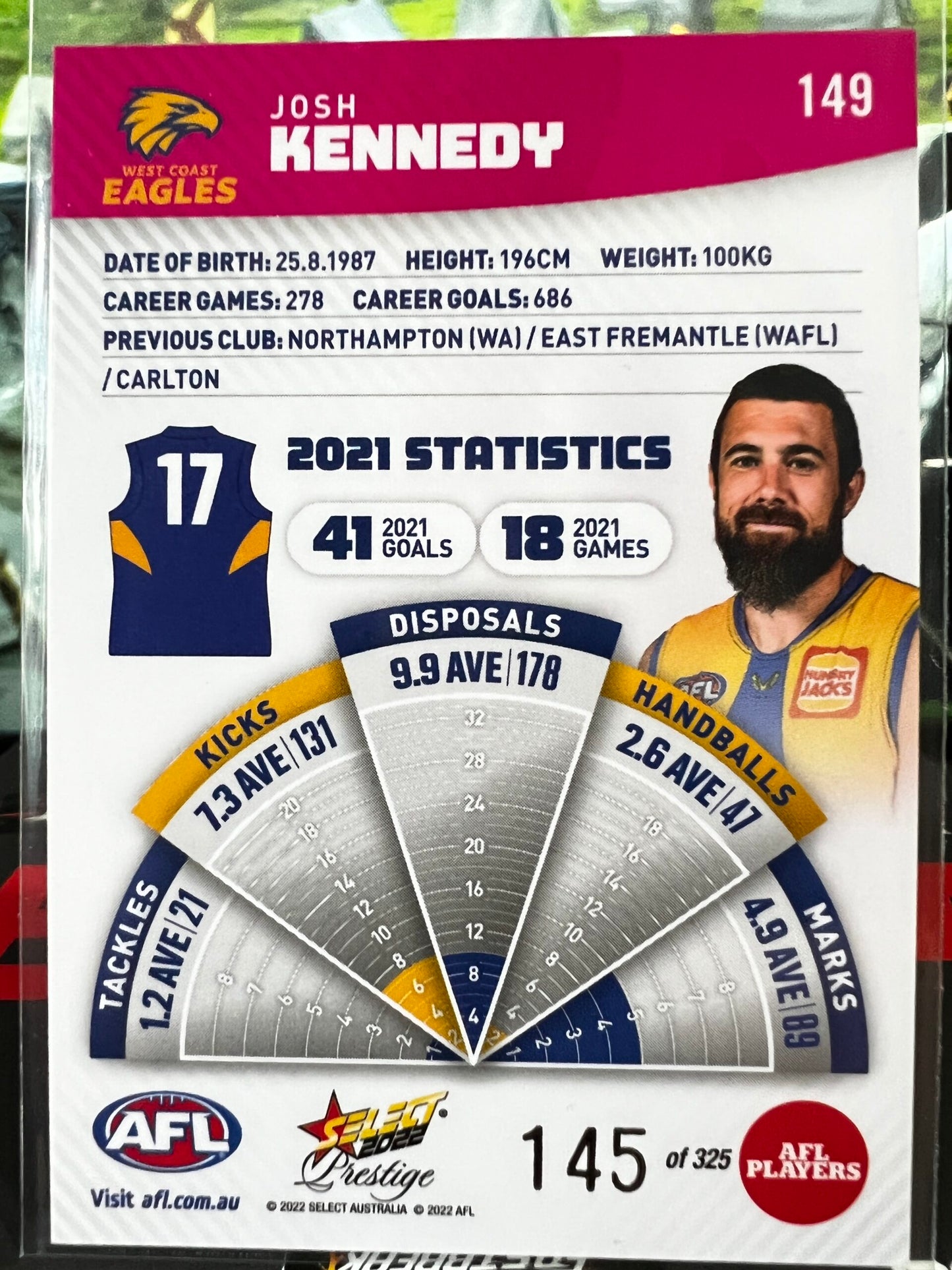 Josh Kennedy West Coast 2022 Footy Stars Prestige Pink Parallel 145/325