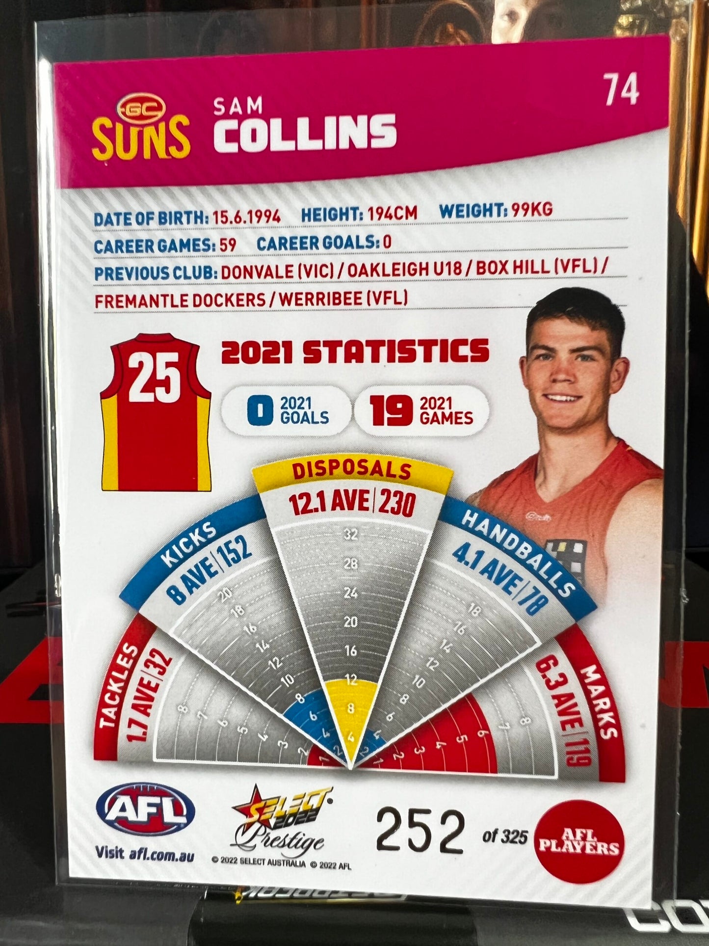 Sam Coliins - Gold Coast - 2022 - Footy Stars Prestige - Pink Parallel - 252/325