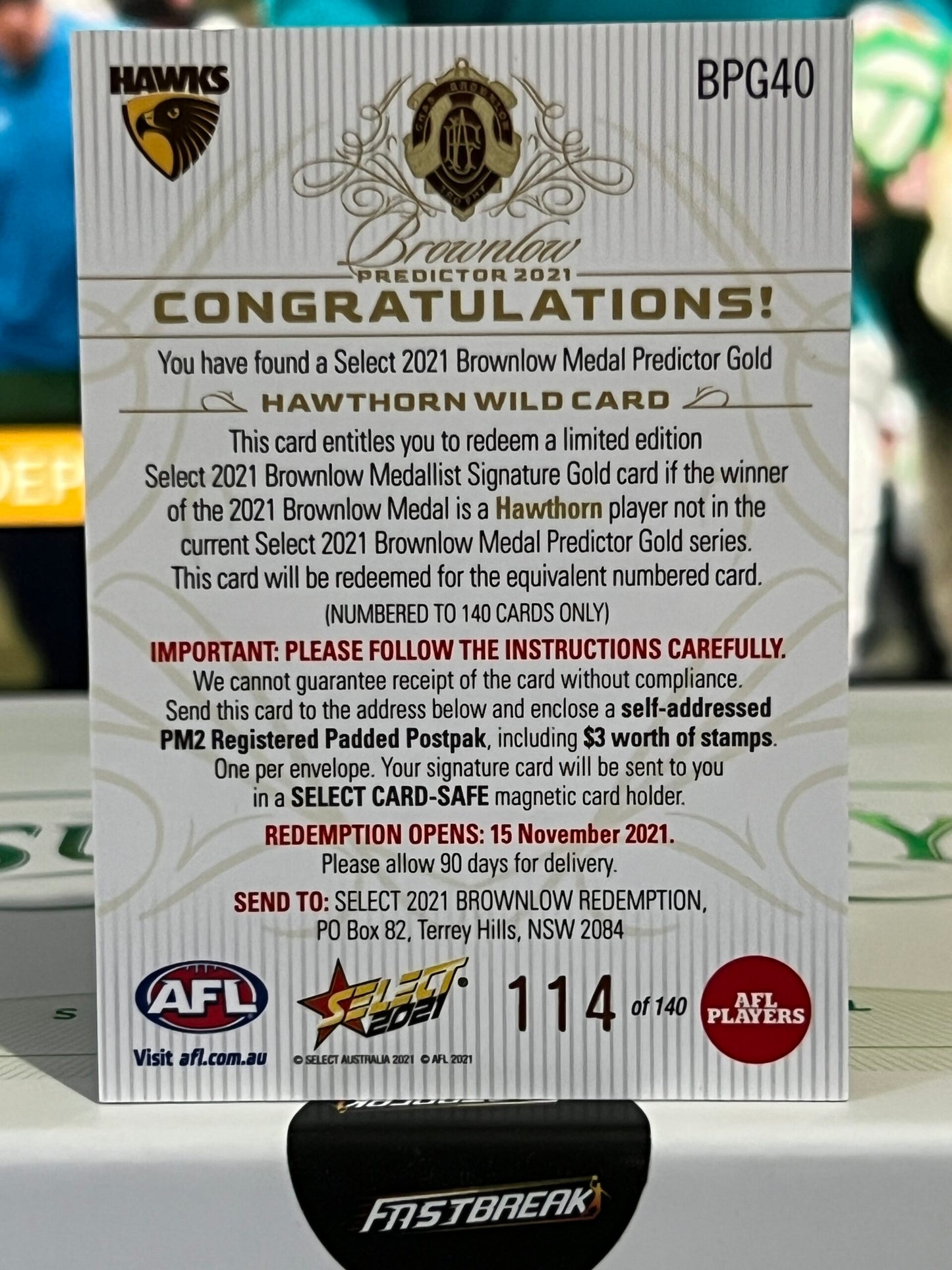 Wild Card - Hawthorn - 2021 - Footy Stars - Gold Brownlow Predictor - 114/140