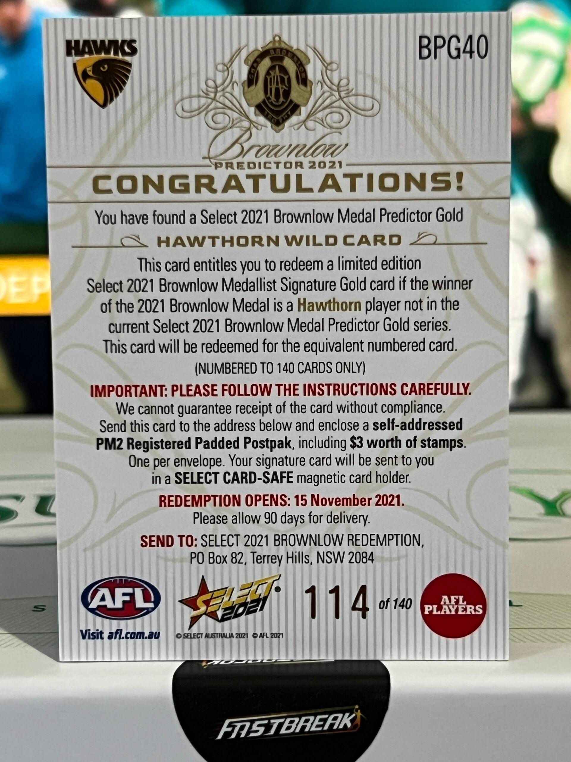 Wild Card - Hawthorn - 2021 - Footy Stars - Gold Brownlow Predictor - 114/140