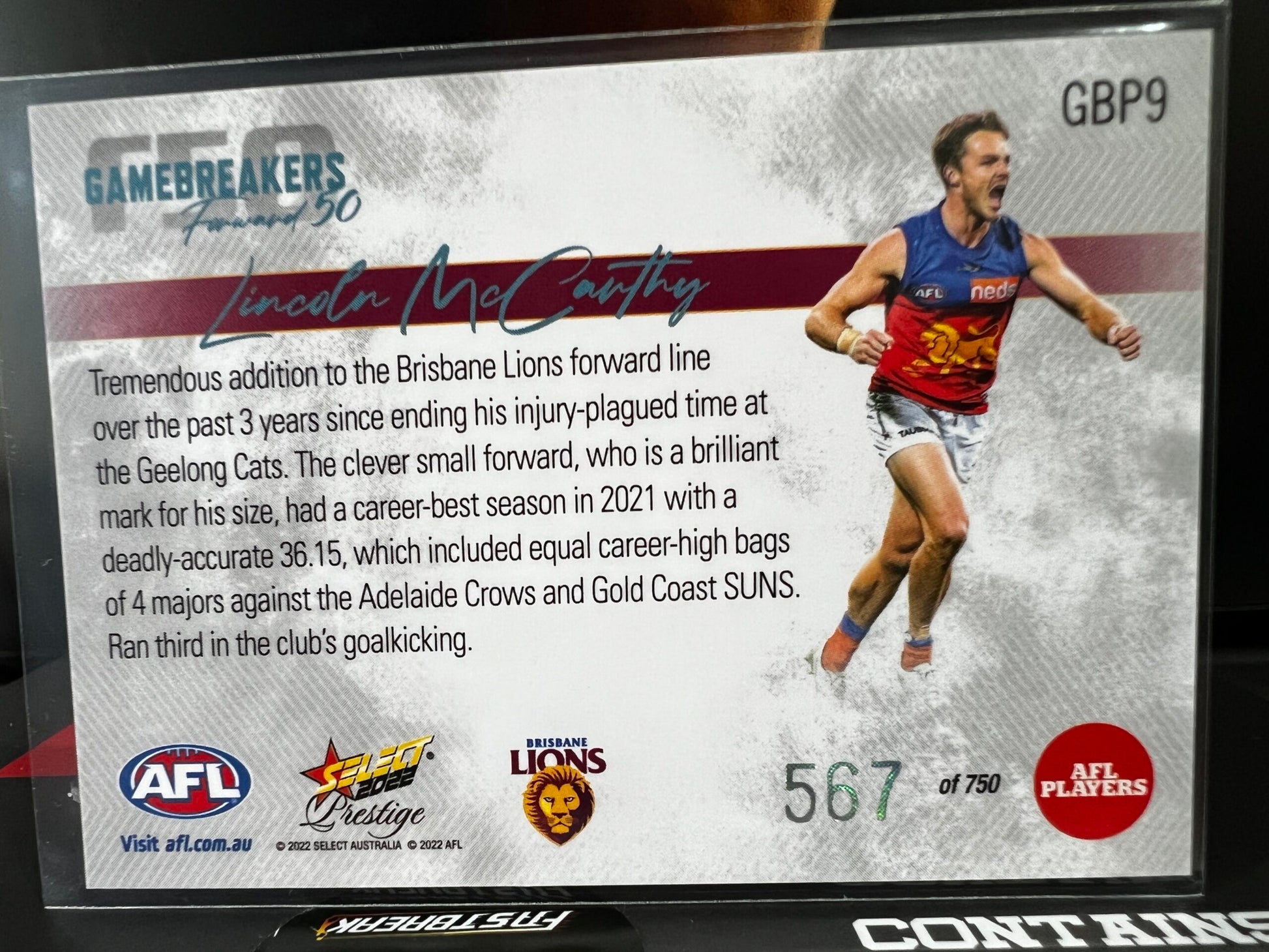 Lincoln McCarthy Brisbane 2022 Footy Stars Prestige Gamebreakers 567/750