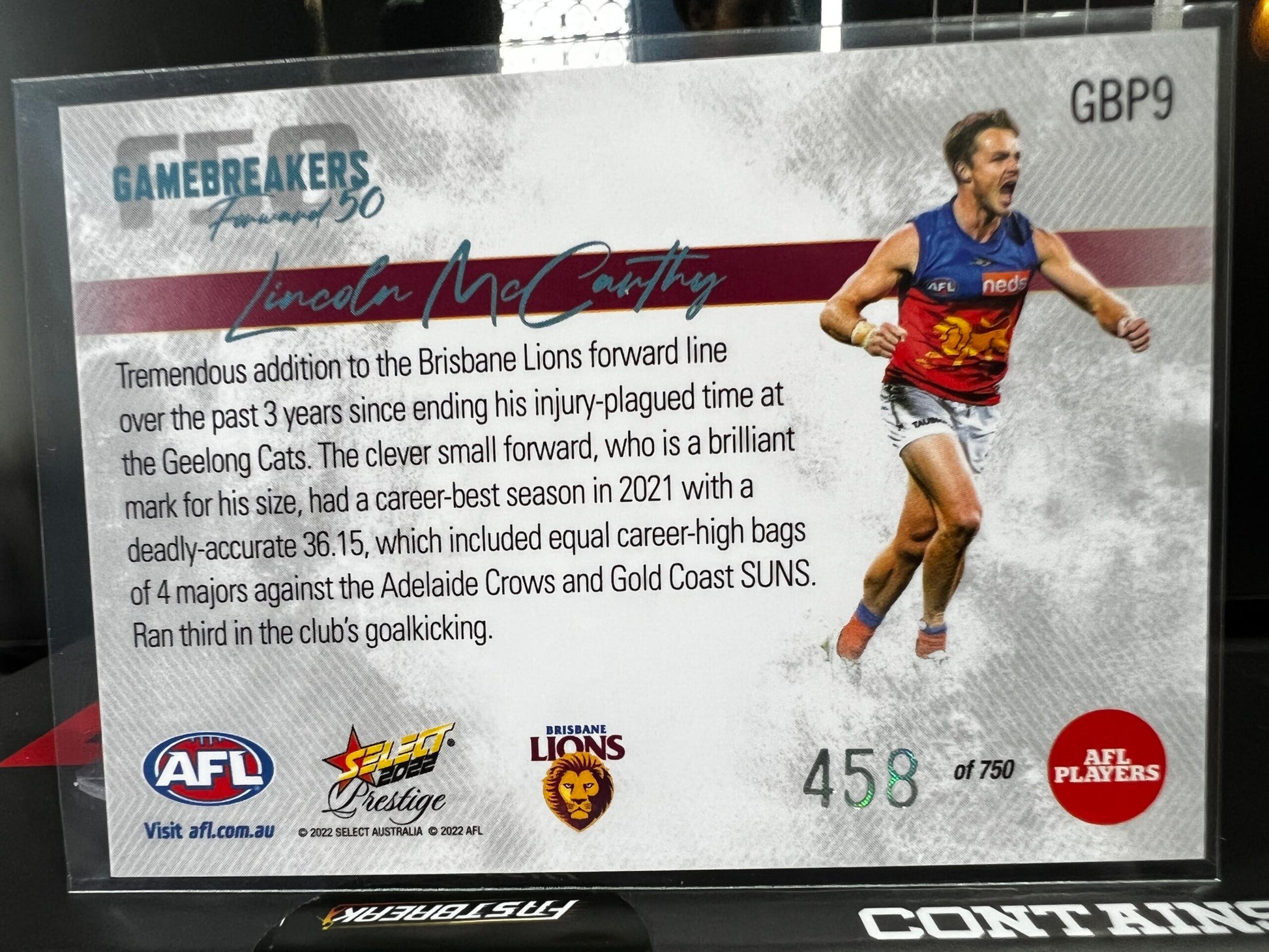 Lincoln McCarthy Brisbane 2022 Footy Stars Prestige Gamebreakers 458/750