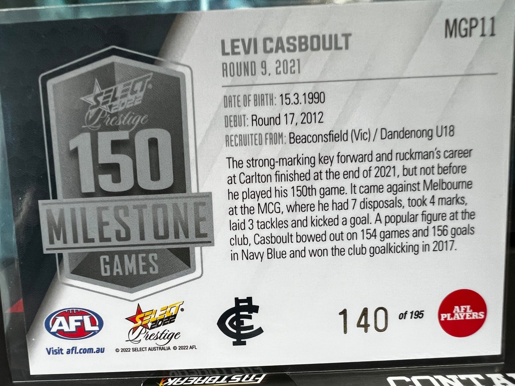 Levi Casboult Carlton 2022 Footy Stars Prestige Milestone Games 140/195