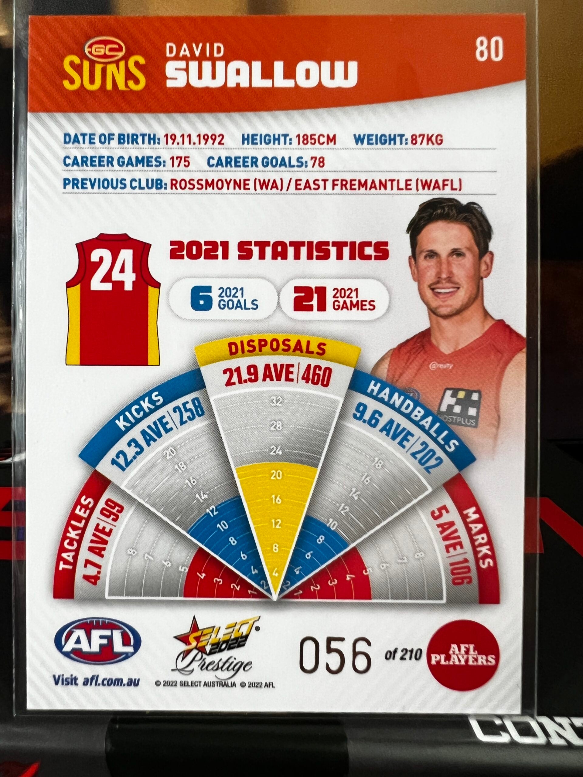 David Swallow Gold Coast 2022 Footy Stars Prestige Orange Parallel 56/210