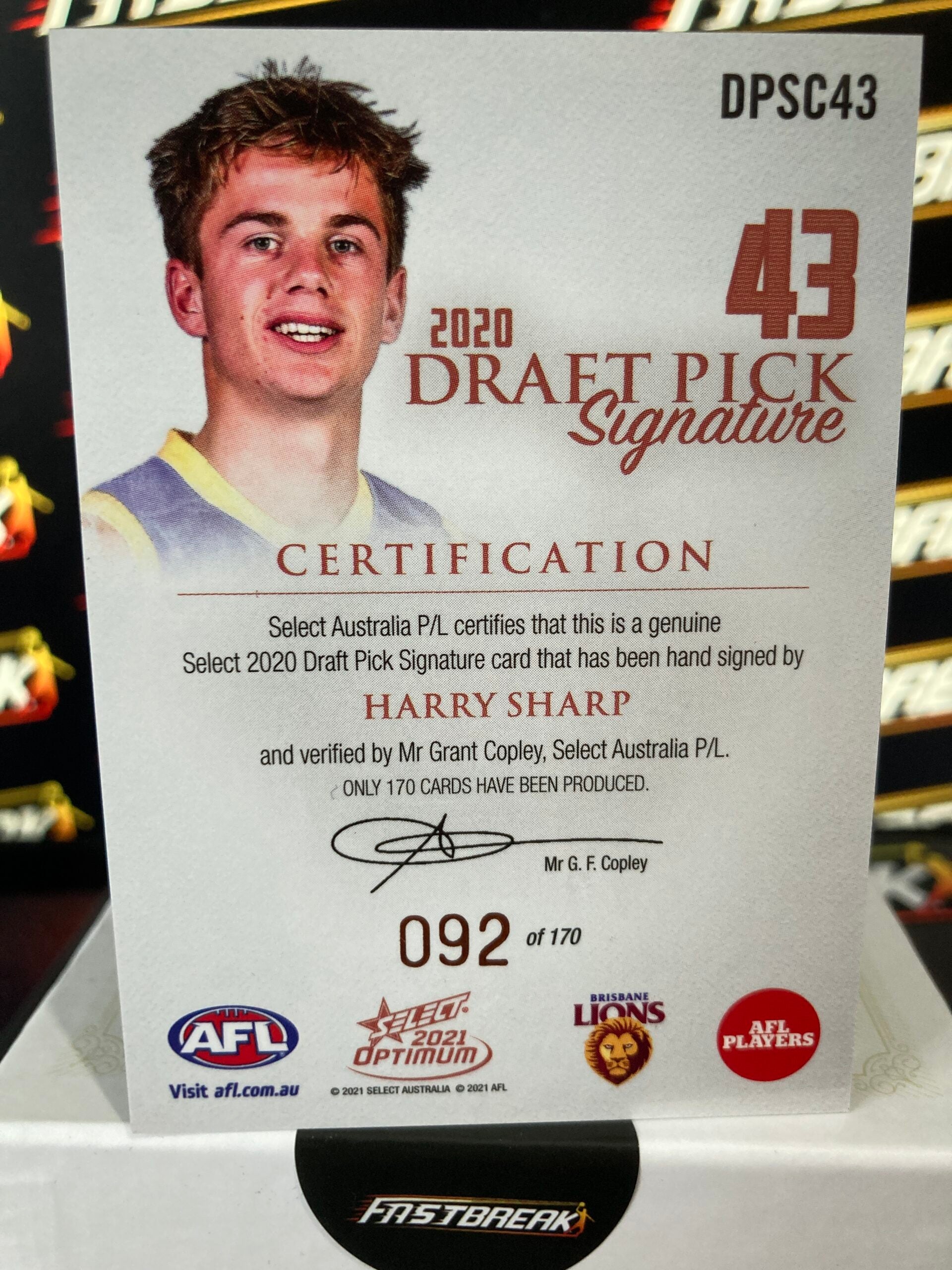 Harry Sharp - Brisbane - 2021 - Optimum - Copper Draft Pick Signature - 92/170