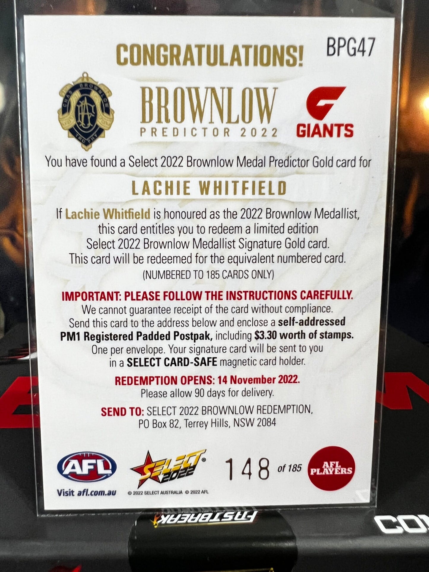 Lachie Whitfield - GWS - 2022 - Footy Stars  - Gold Brownlow Predictor - 148/185