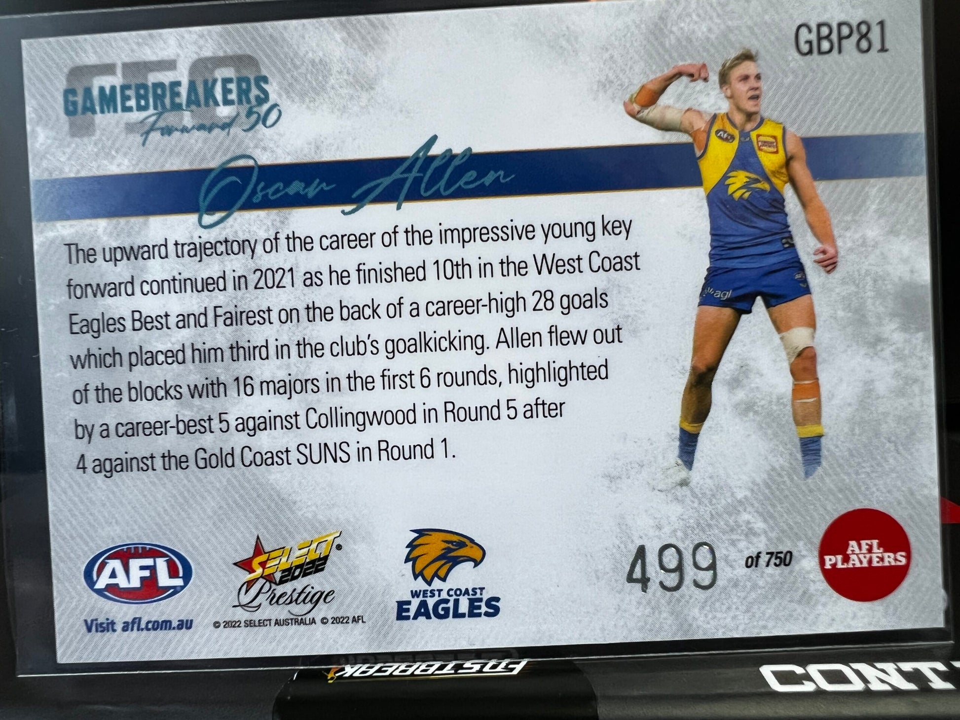 Oscar Allen - West Coast - 2022 - Footy Stars Prestige - Gamebreakers - 499/750