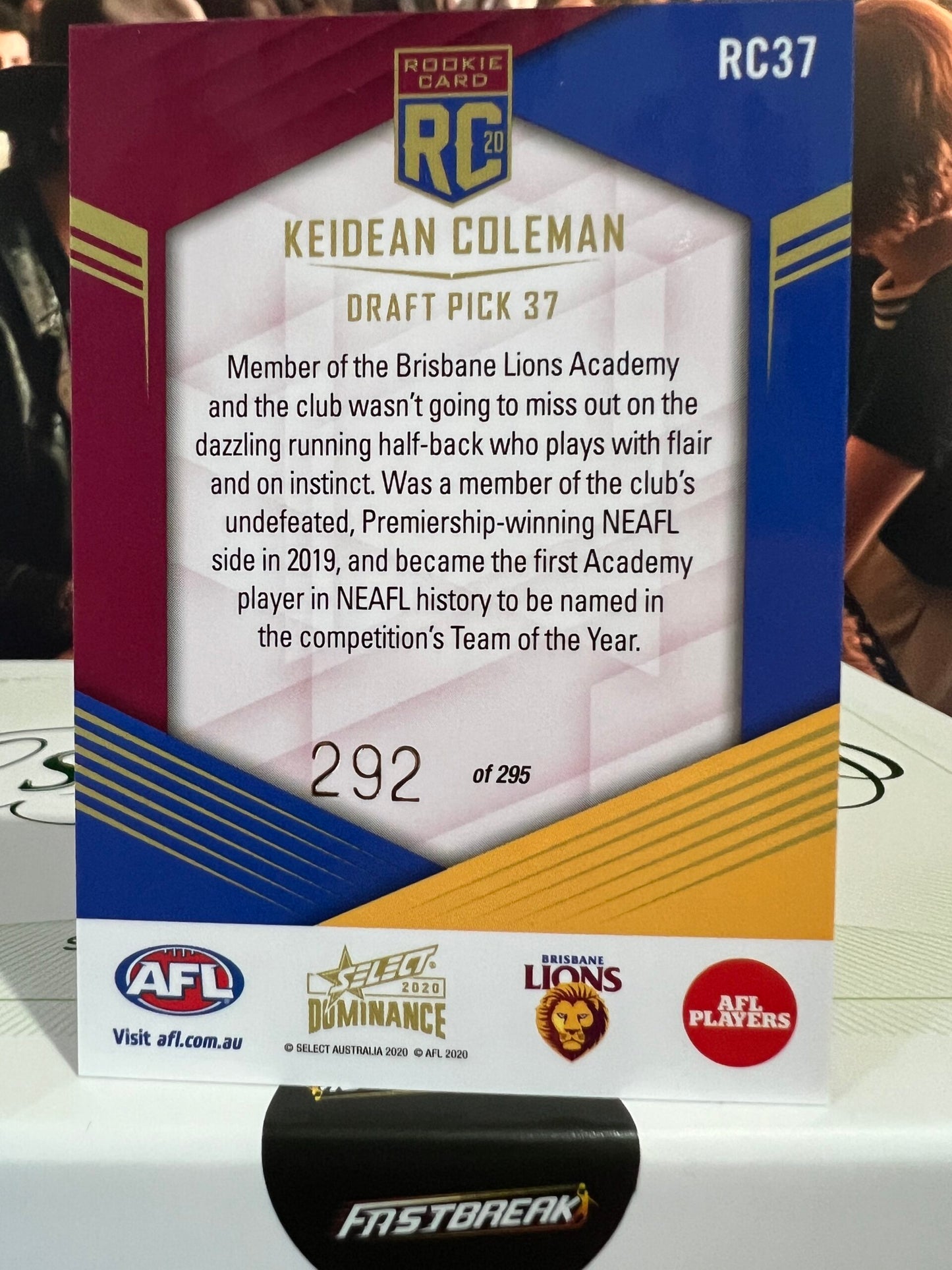 Keidan Coleman - Brisbane - 2020 - Dominance - Rookie Card - 292/295