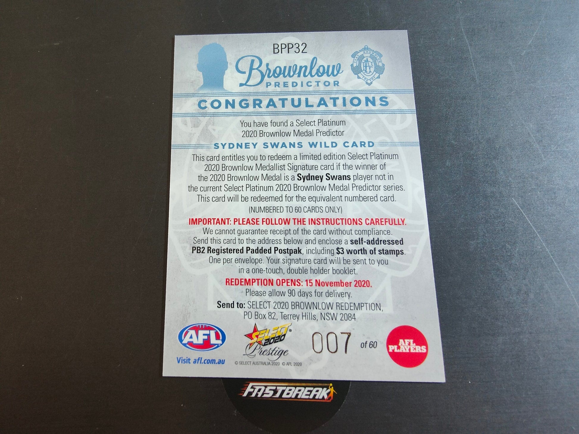 Wild - Sydney - 2020 - Prestige - Platinum Brownlow Predictor - 7/60