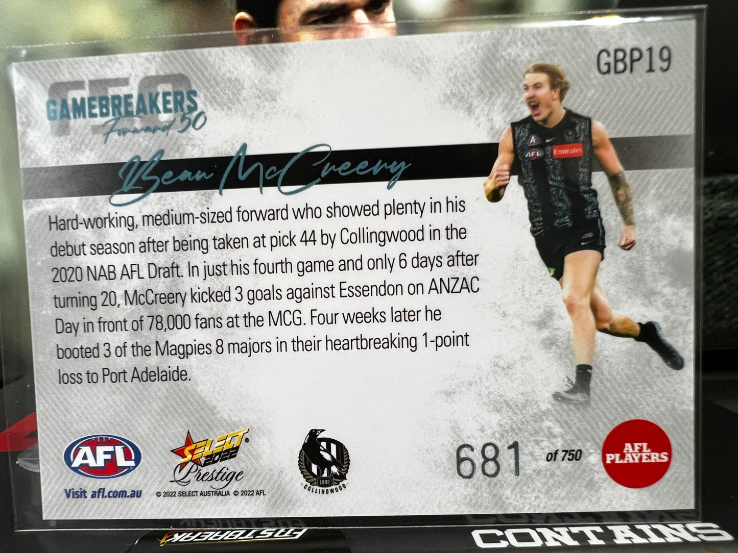 Beau McCreery Collingwood 2022 Footy Stars Prestige Gamebreakers 681/750