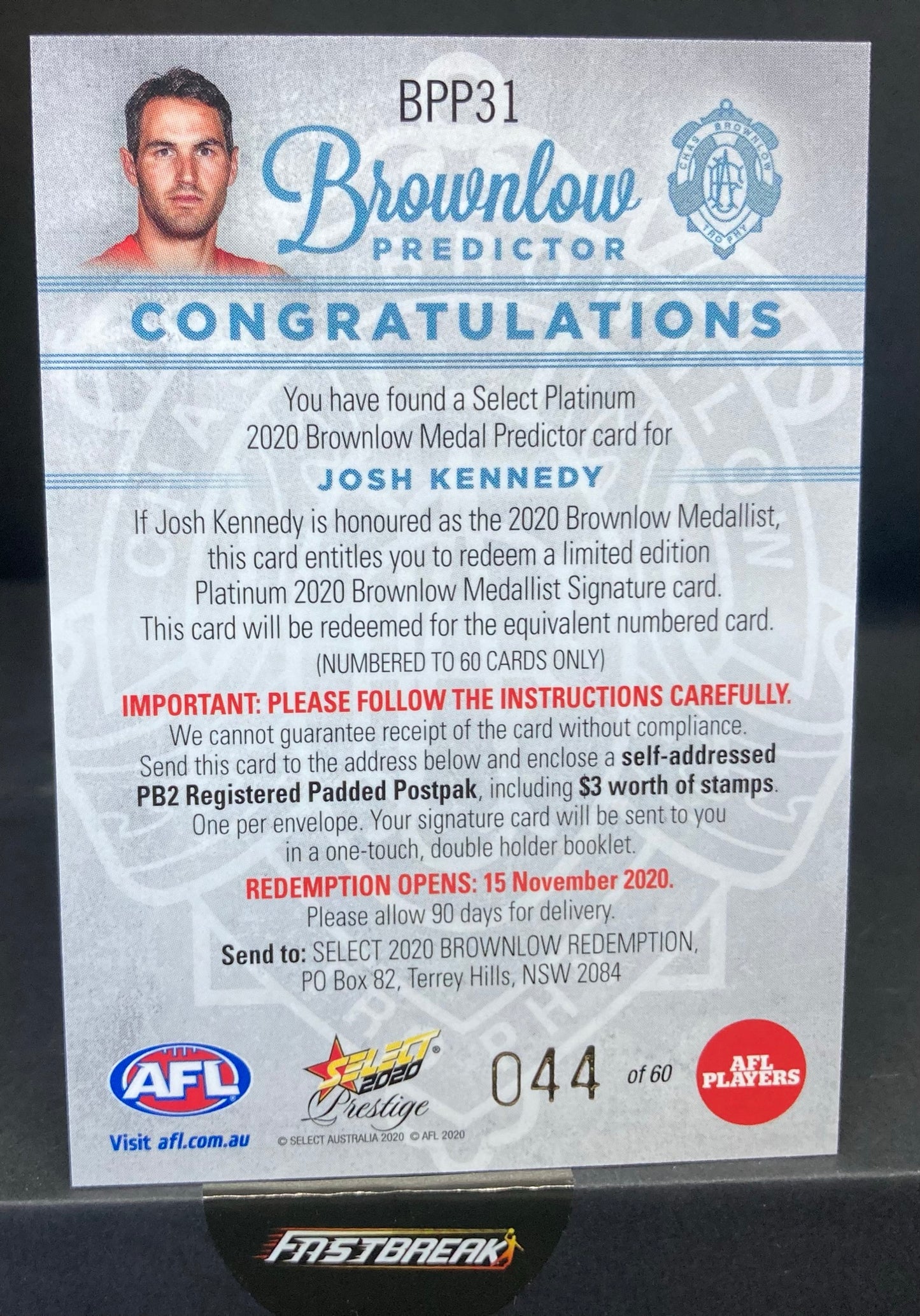 Josh Kennedy - Sydney - 2020 - FS Prestige - Brownlow Predictor - 44/60