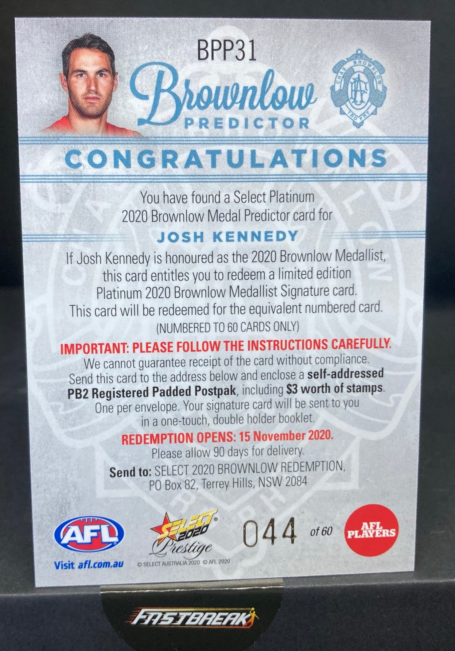 Josh Kennedy - Sydney - 2020 - FS Prestige - Brownlow Predictor - 44/60