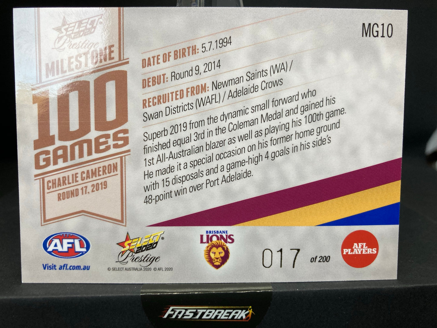 Charlie Cameron - Brisbane - 2020 - FS Prestige - Milestone Games - 17/200