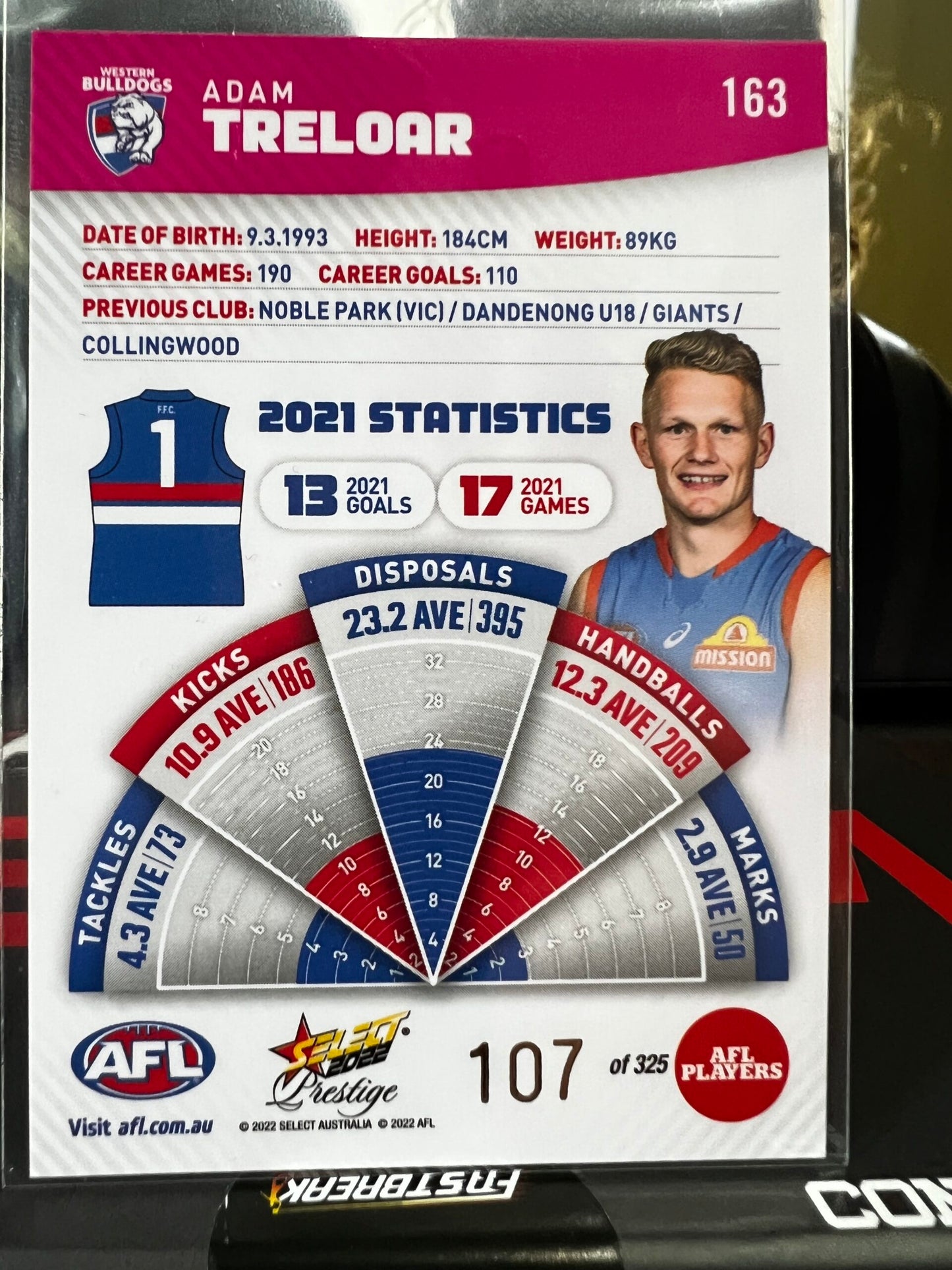 Adam Treloar Western Bulldogs 2022 Footy Stars Prestige Pink Parallel 107/325