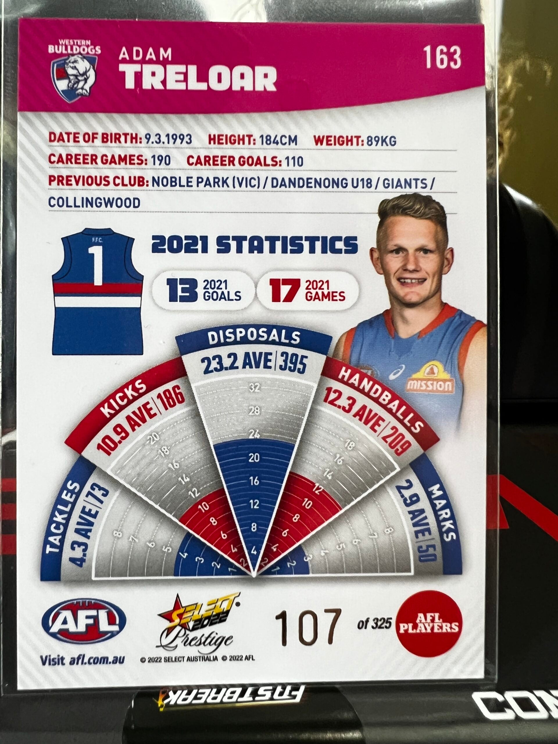 Adam Treloar Western Bulldogs 2022 Footy Stars Prestige Pink Parallel 107/325
