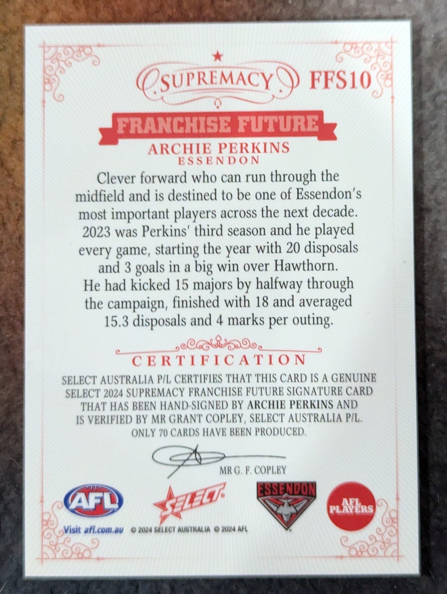 Archie Perkins Essendon 2024 Supremacy FRANCHISE FUTURE SIGNATURE 47/70
