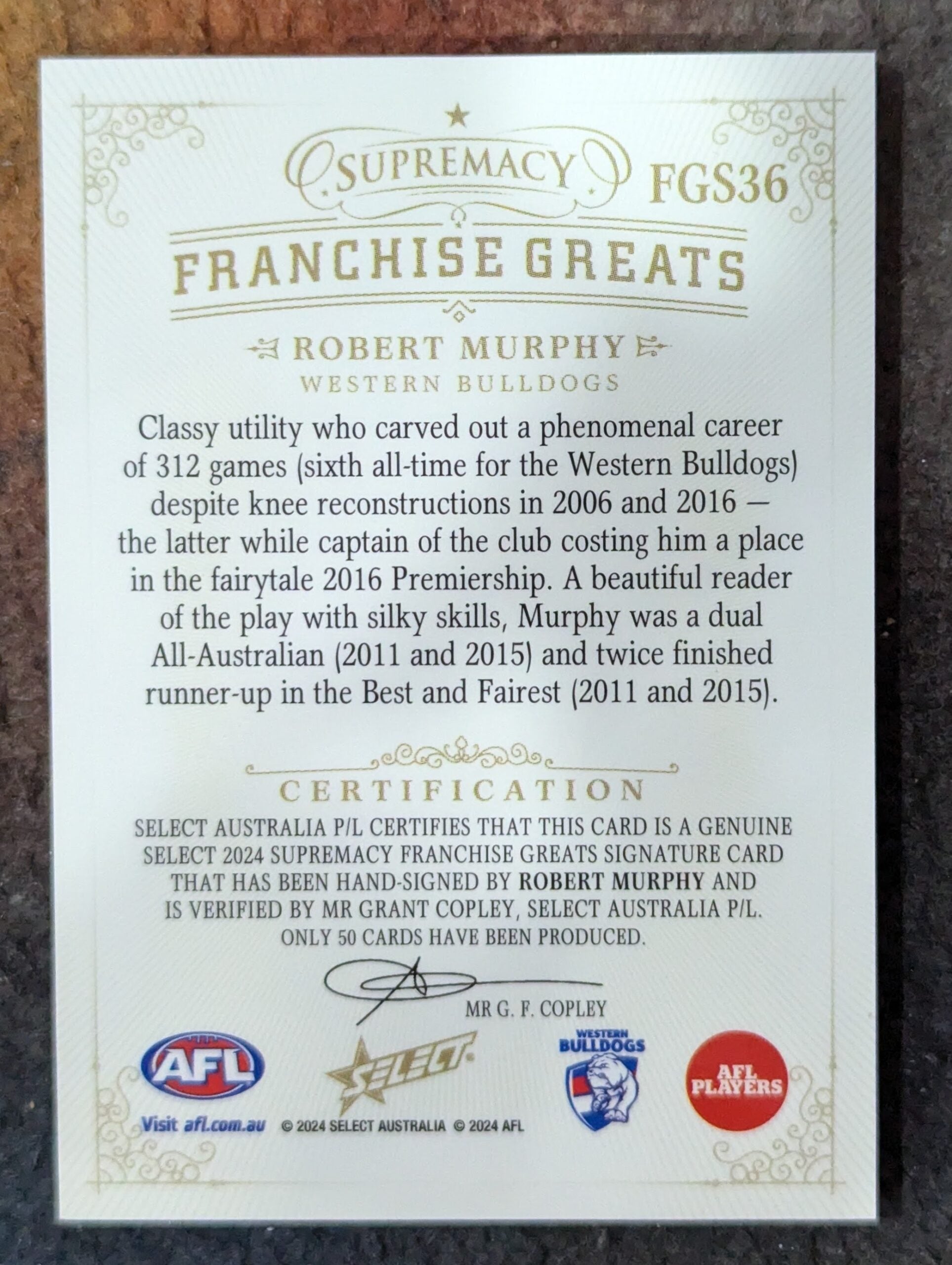 Robert Murphy Western Bulldogs 2024 Supremacy FRANCHISE GREATS SIGNATURE 43/50