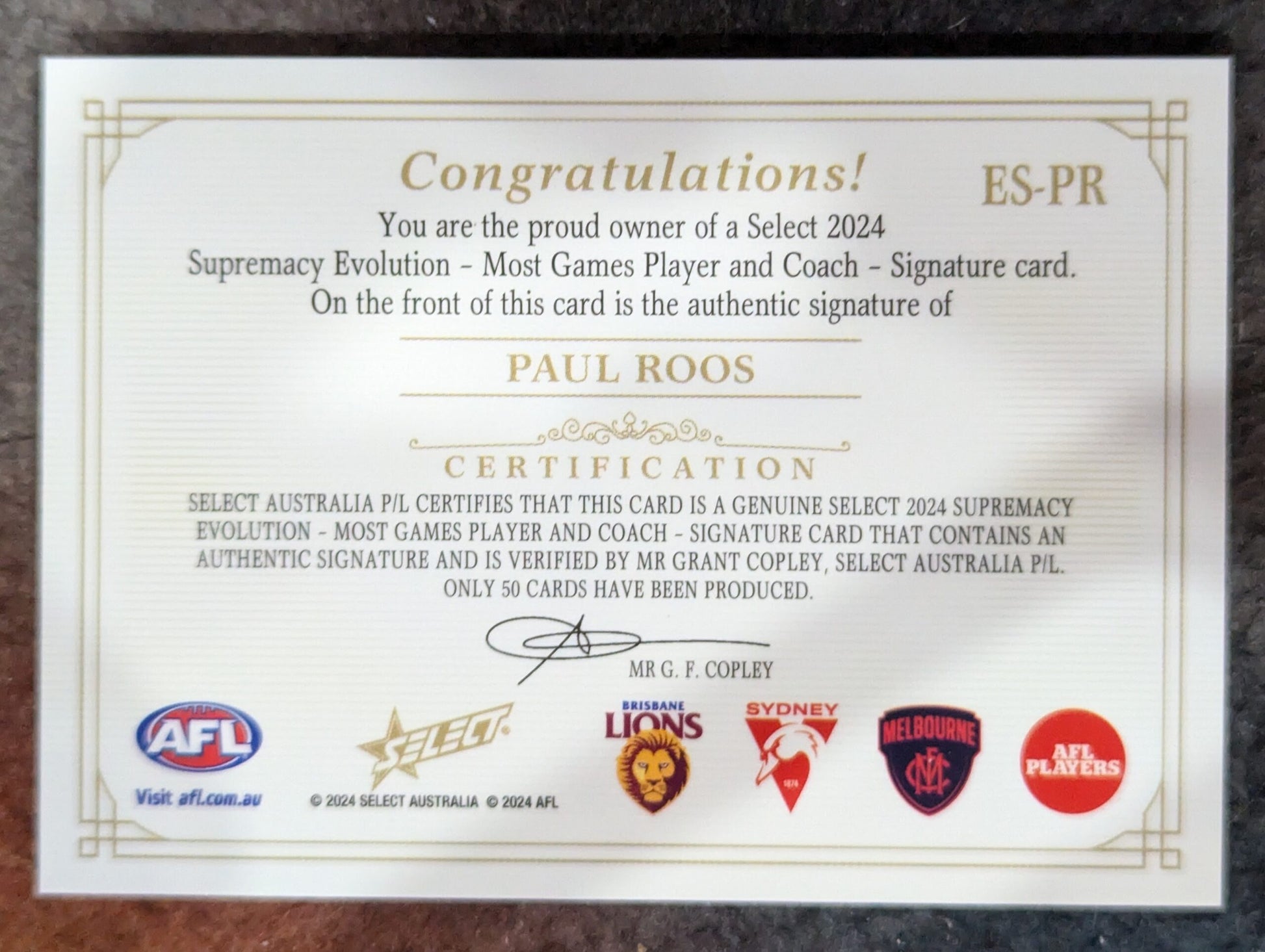 Paul Roos Brisbane 2024 Supremacy EVOLUTION PLAYER TO COACH SIGNATURE 49/50