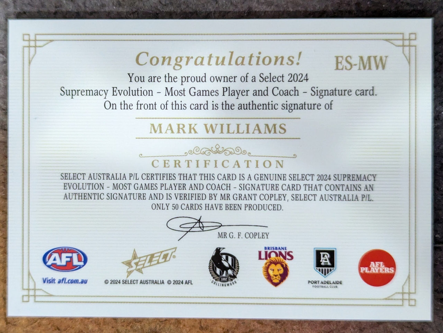Mark Williams Collingwood 2024 Supremacy EVOLUTION PLAYER COACH SIGNATURE 38/50